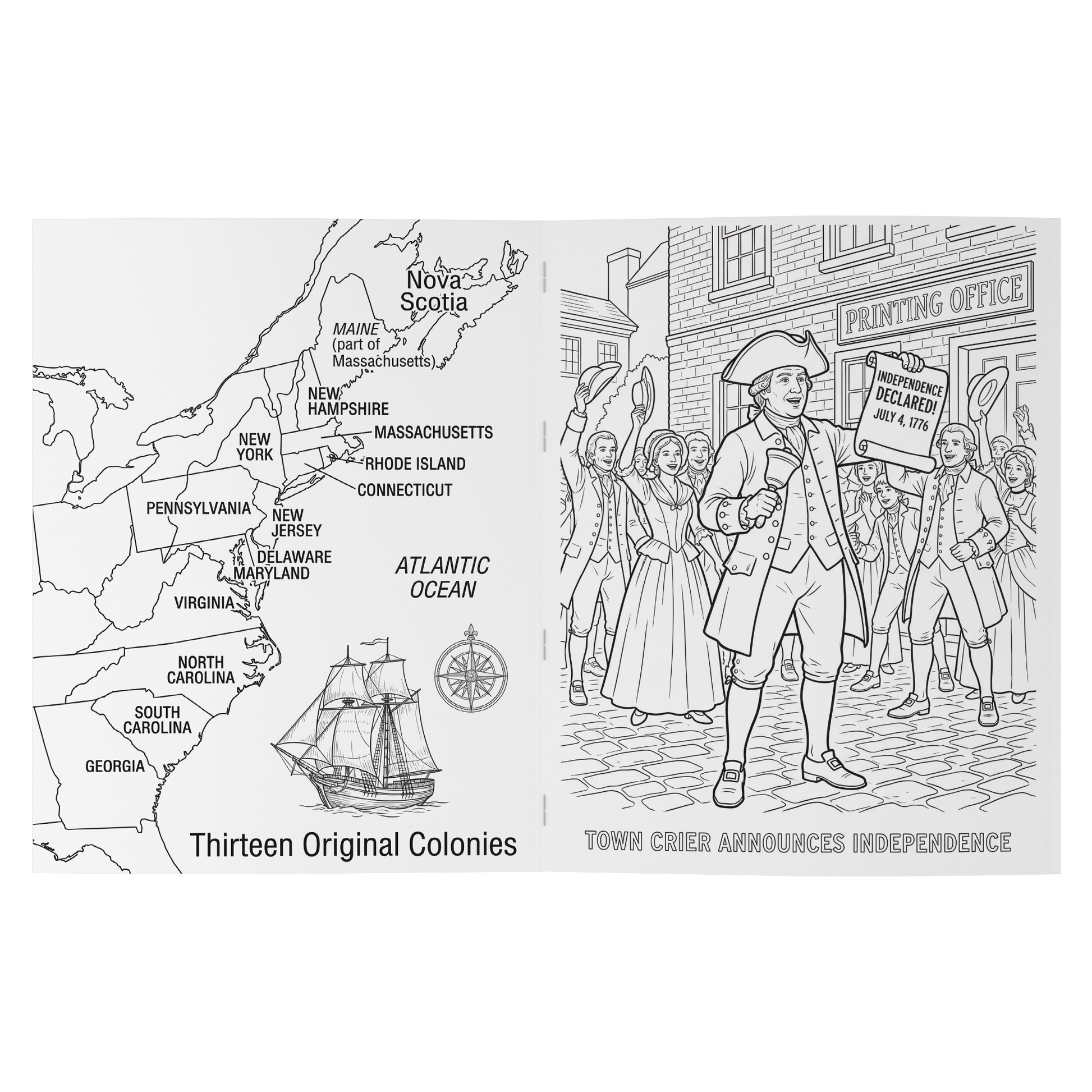 Coloring book page with map of Thirteen Original Colonies and illustration of a town crier announcing independence.