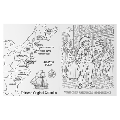 Coloring book page with map of Thirteen Original Colonies and illustration of a town crier announcing independence.