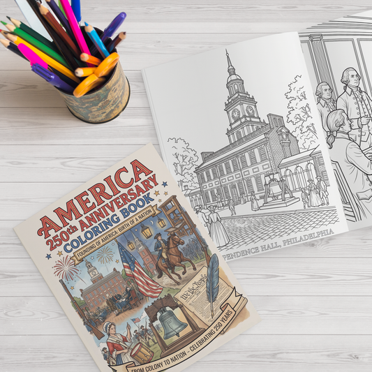 Coloring book titled 'America 250th Anniversary' with coloring pages of Independence Hall and people, on a wooden surface with colored pencils.