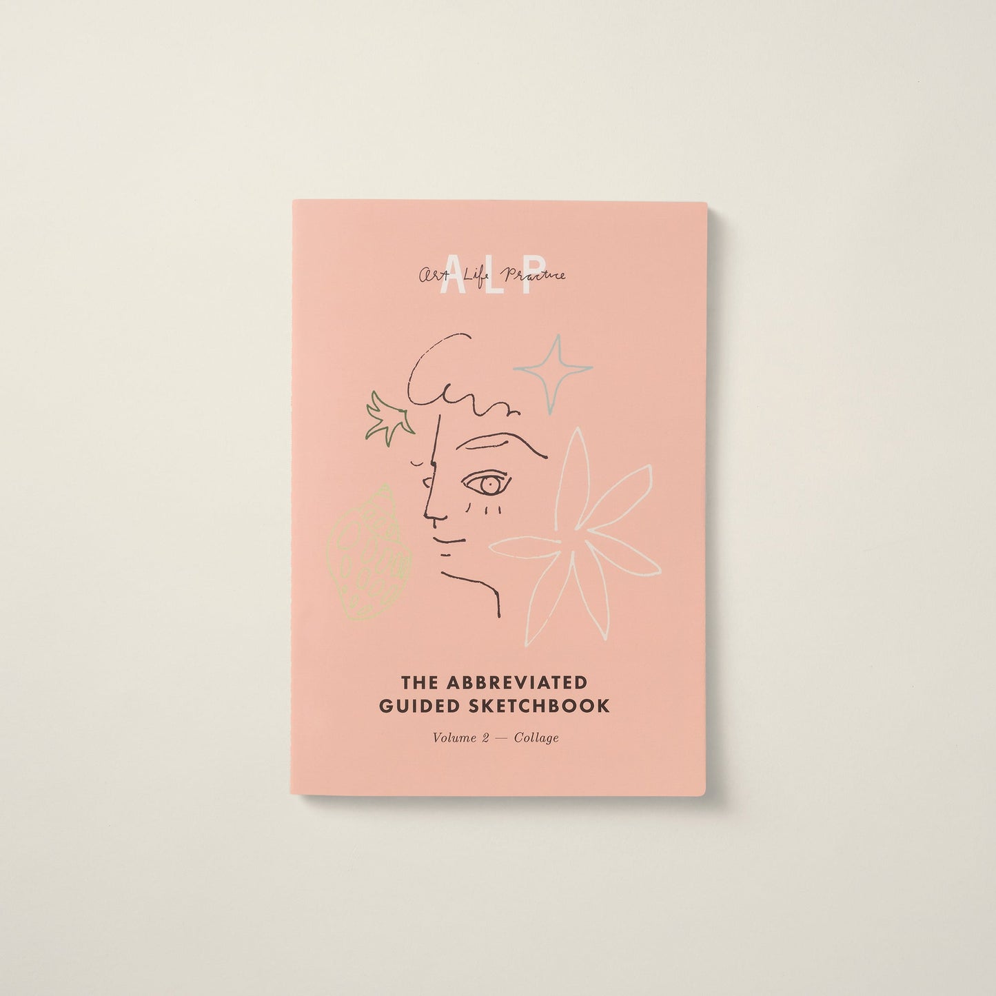 Pink book titled 'The Abbreviated Guided Sketchbook' with artistic line drawings on a light beige background
