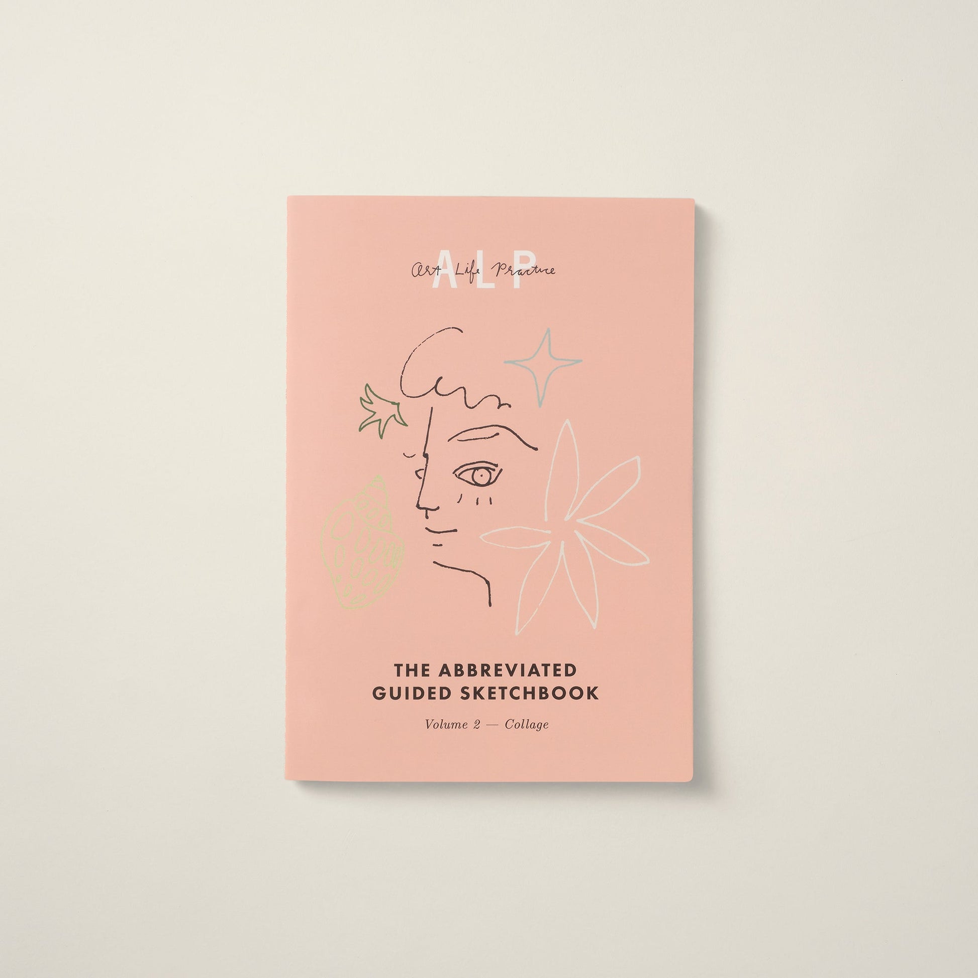 Pink book titled 'The Abbreviated Guided Sketchbook' with artistic line drawings on a light beige background