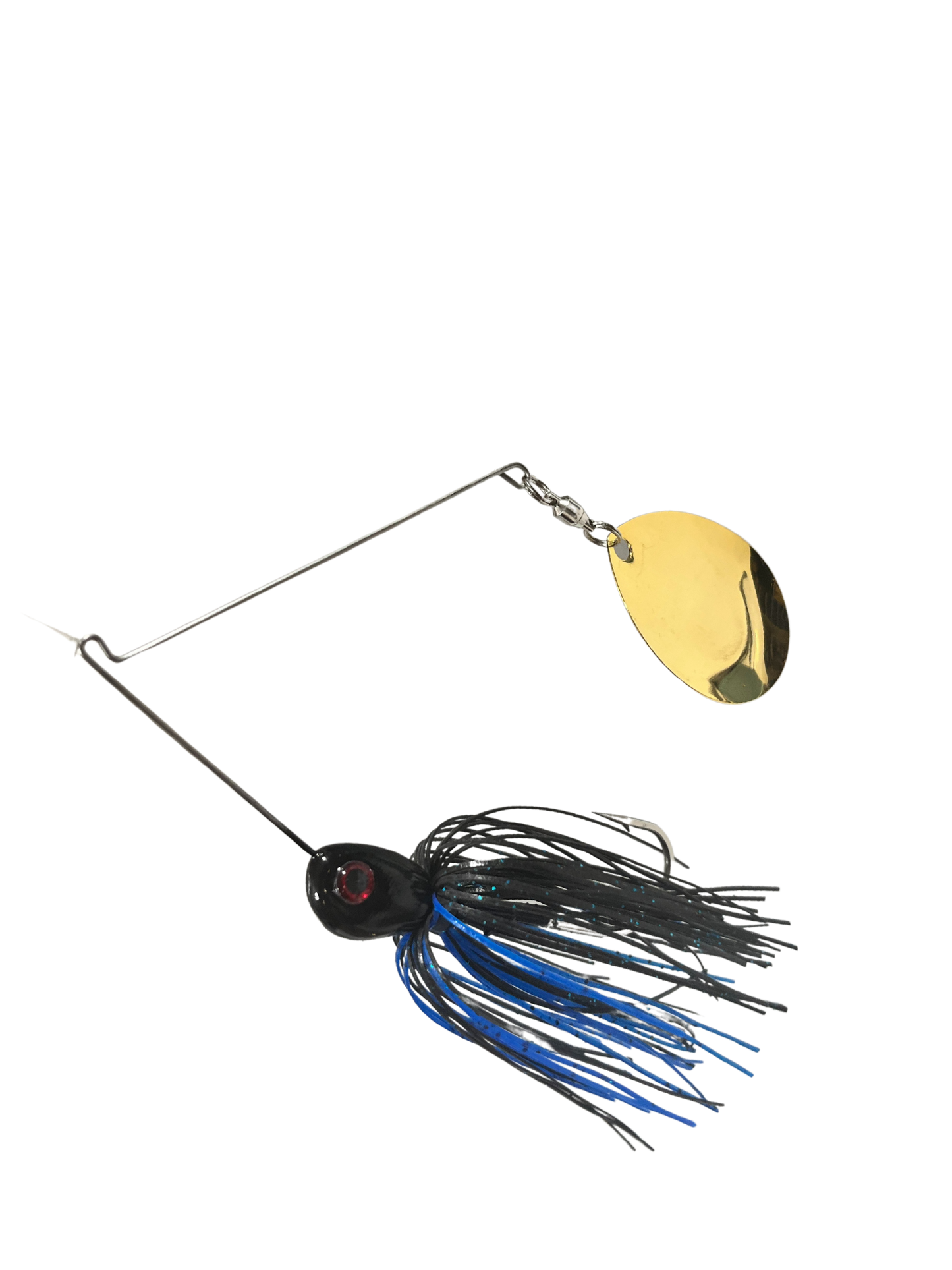Fishing spinner with a yellow blade and blue and black skirt on a white background
