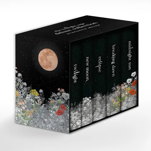 Collection of 'Twilight' book series books with a moon and floral design on a black background