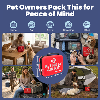 Pet First Aid Kit with various usage scenarios and features highlighted.