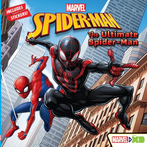 Marvel Spider-Man book cover with two Spider-Man characters on a cityscape background.