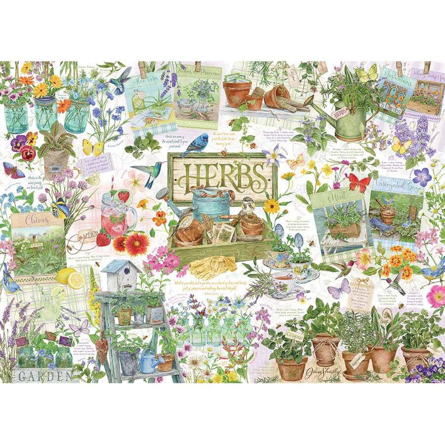 Illustrated collage of herbs and gardening elements with a prominent 'Herbs' sign.