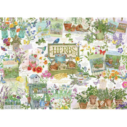Illustrated collage of herbs and gardening elements with a prominent 'Herbs' sign.