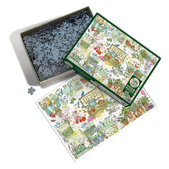 Garden-themed puzzle with pieces missing, showing a partially completed puzzle and packaging on a white background.
