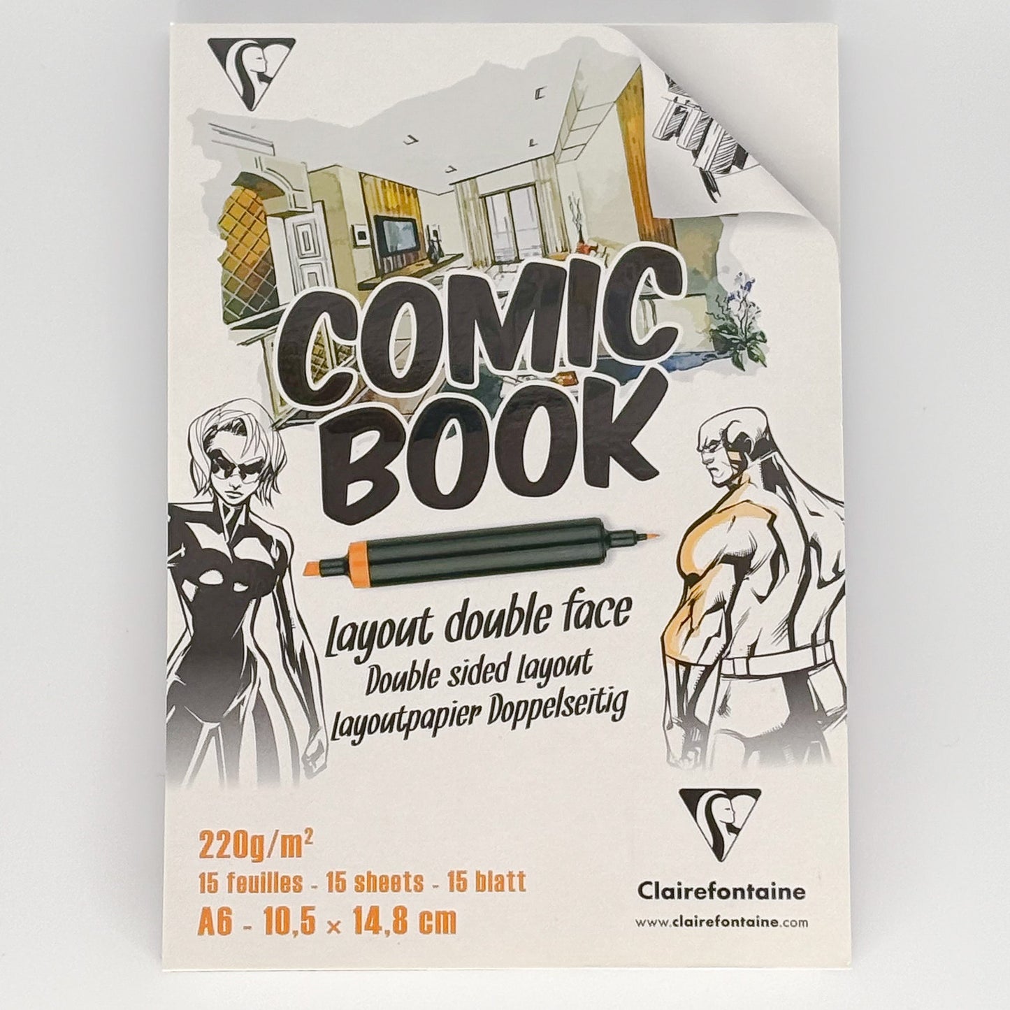 Comic book layout paper packaging with illustrations and text on a white background