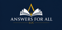 A logo on a dark navy background featuring an open white book with a gold triangular emblem above it, and the text 'ANSWERS FOR ALL LLC' in white and gold.
