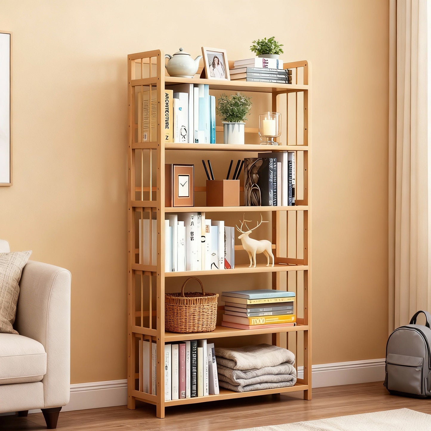 Wooden bookshelf with books and decorative items against a beige wall.