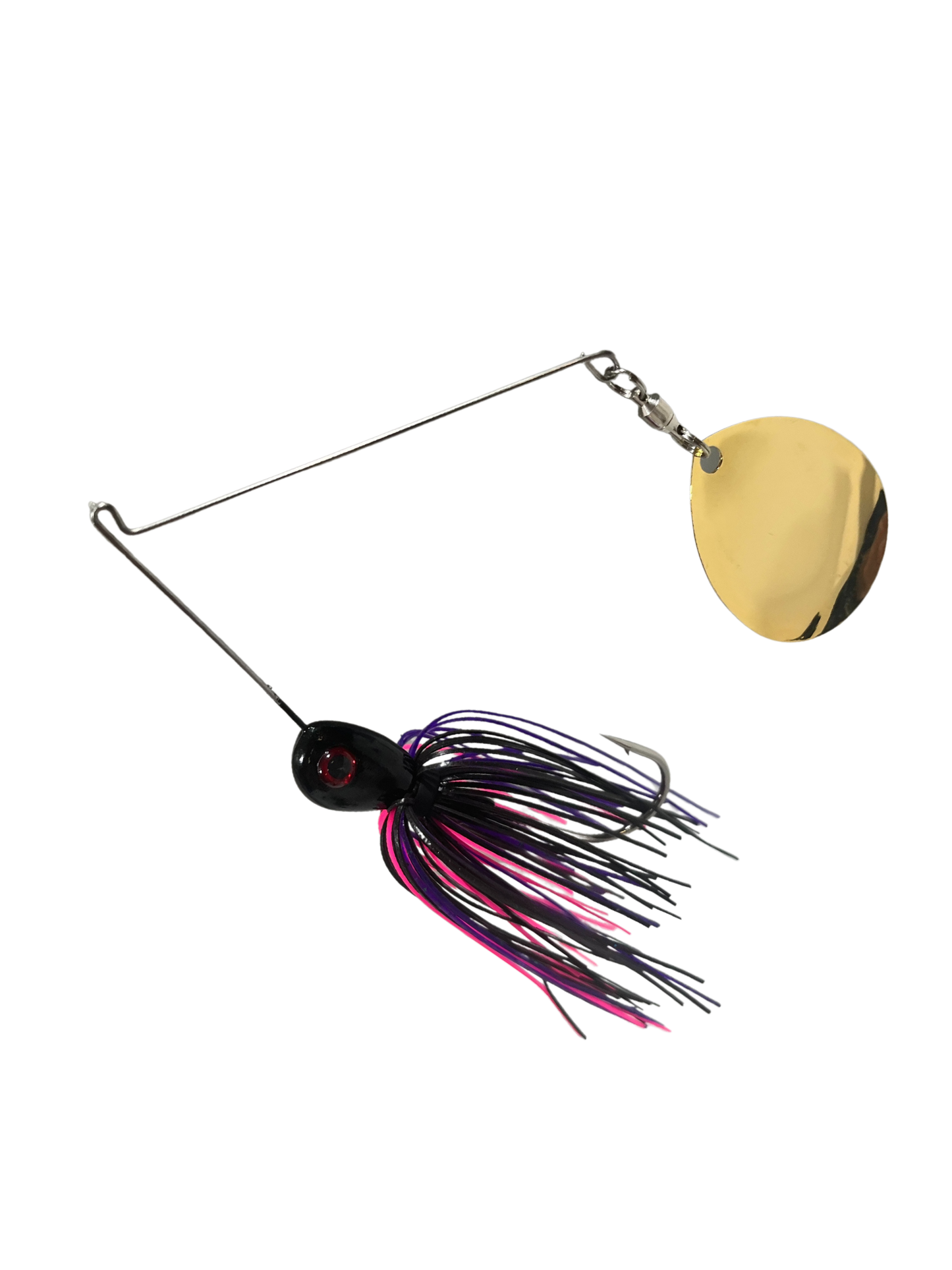 Fishing spinner lure with a gold blade and colorful skirt on a white background