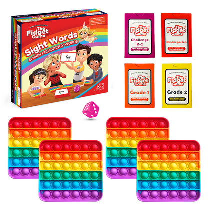 Educational game set with colorful pop-it toys and sight words books on a white background