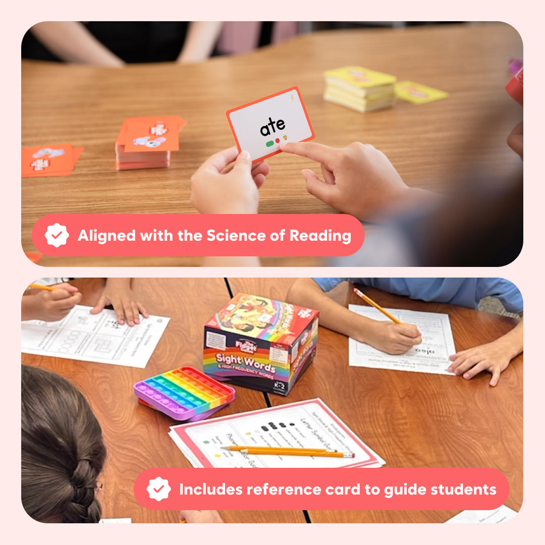Children learning with sight word cards and reference book on a wooden table.