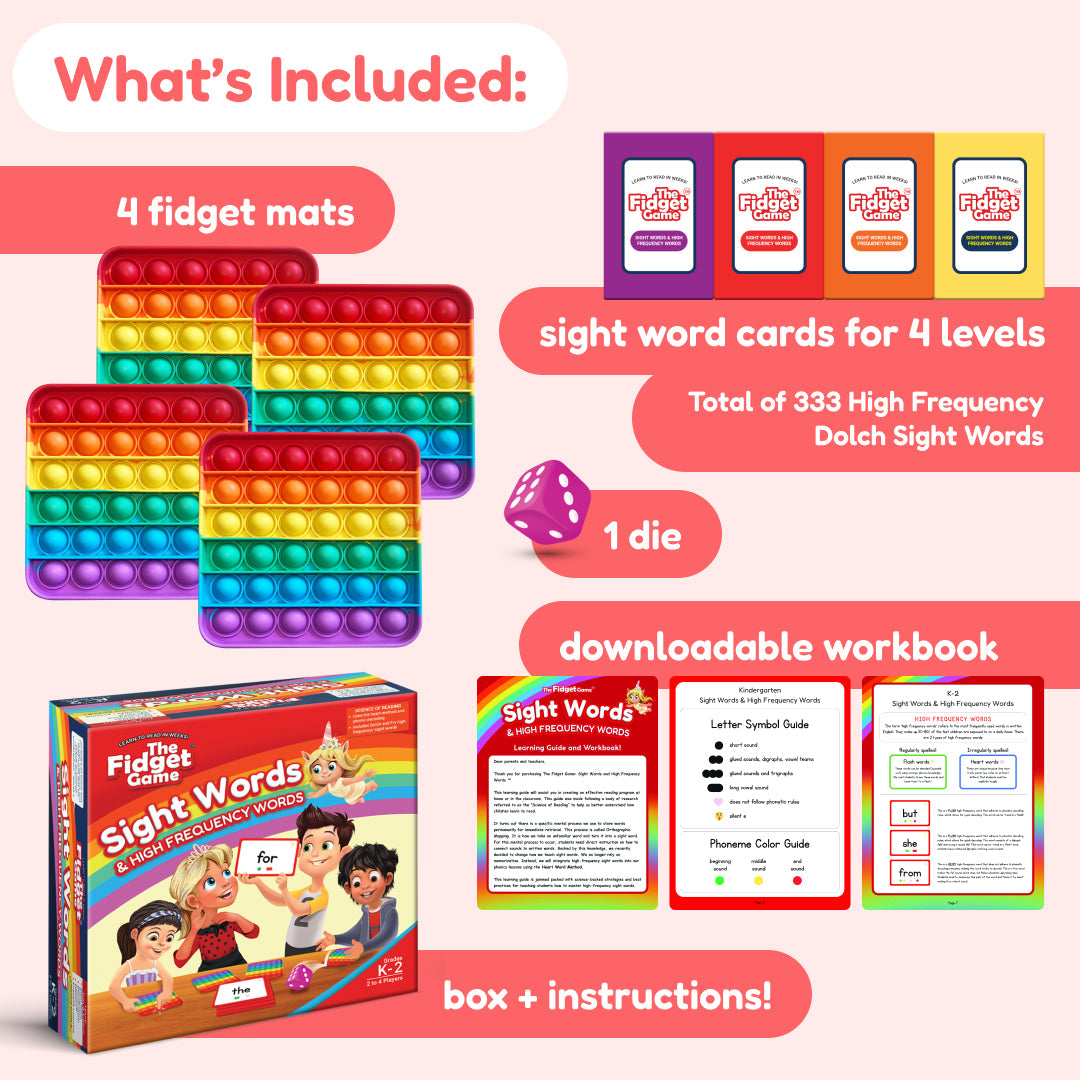 Educational toy set with fidget mats, sight word cards, a die, and a workbook on a pink background.