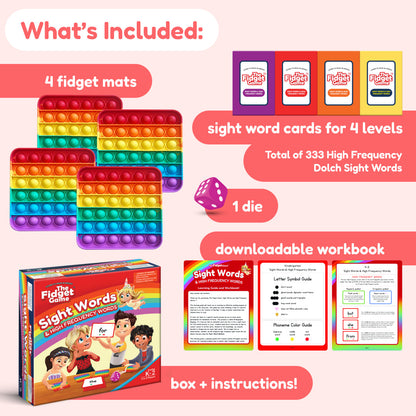 Educational toy set with fidget mats, sight word cards, a die, and a workbook on a pink background.
