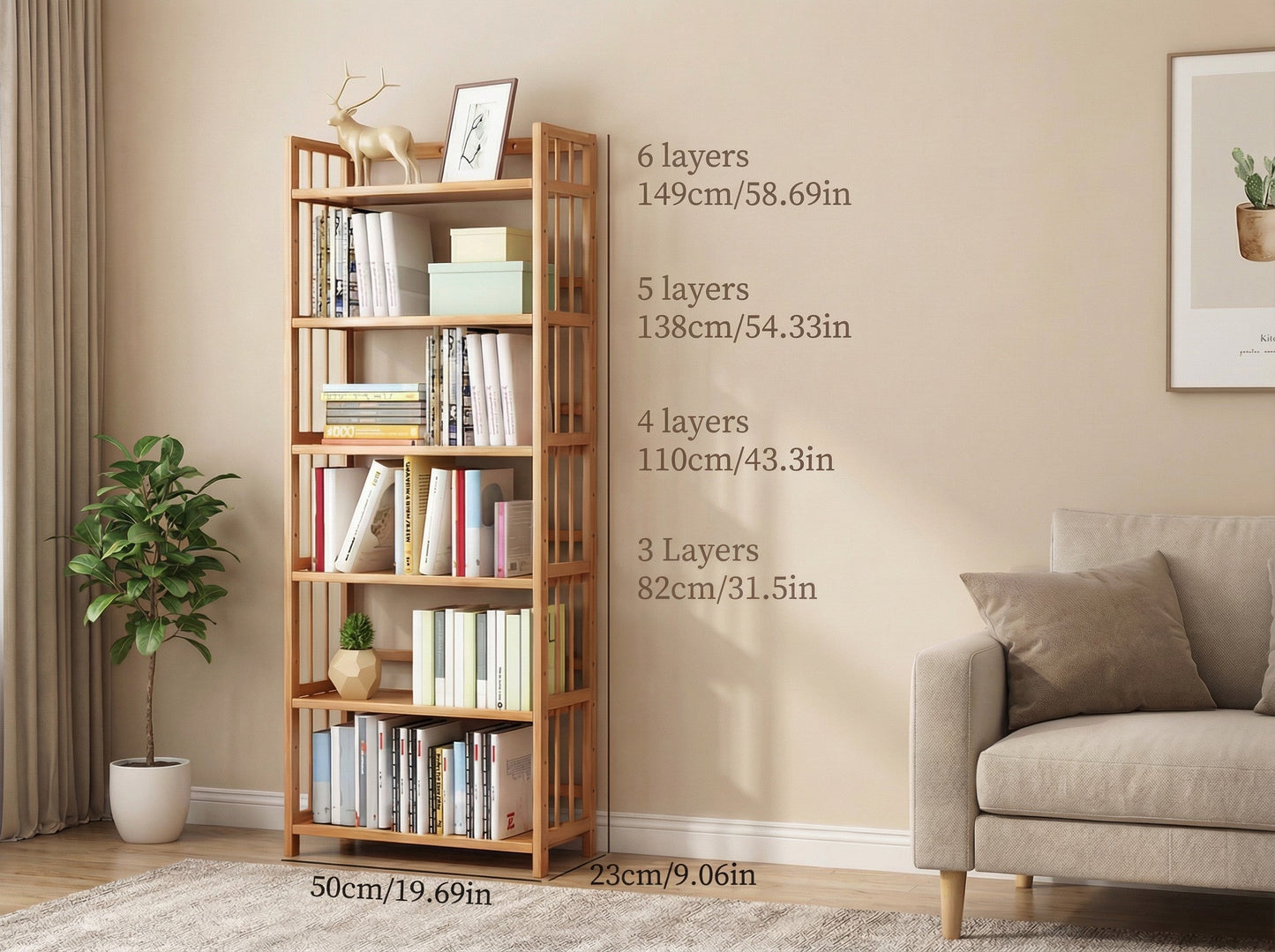 Wooden bookshelf with books and decorative items in a living room setting, showing height measurements.