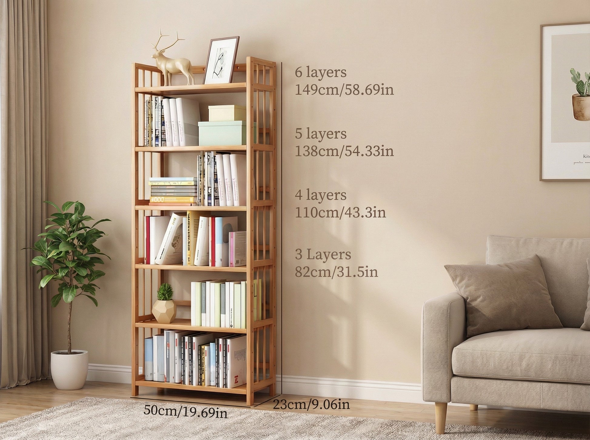 Wooden bookshelf with books and decorative items in a living room setting, showing height measurements.