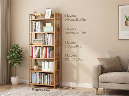 Wooden bookshelf with books and decorative items in a living room setting, showing height measurements.