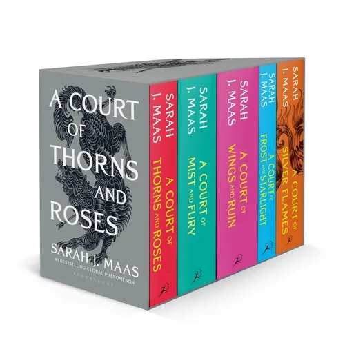 Book box set of 'A Court of Thorns and Roses' series by Sarah J. Maas, featuring six colorful book spines and a gray front cover with black dragon artwork, shown on a white background.