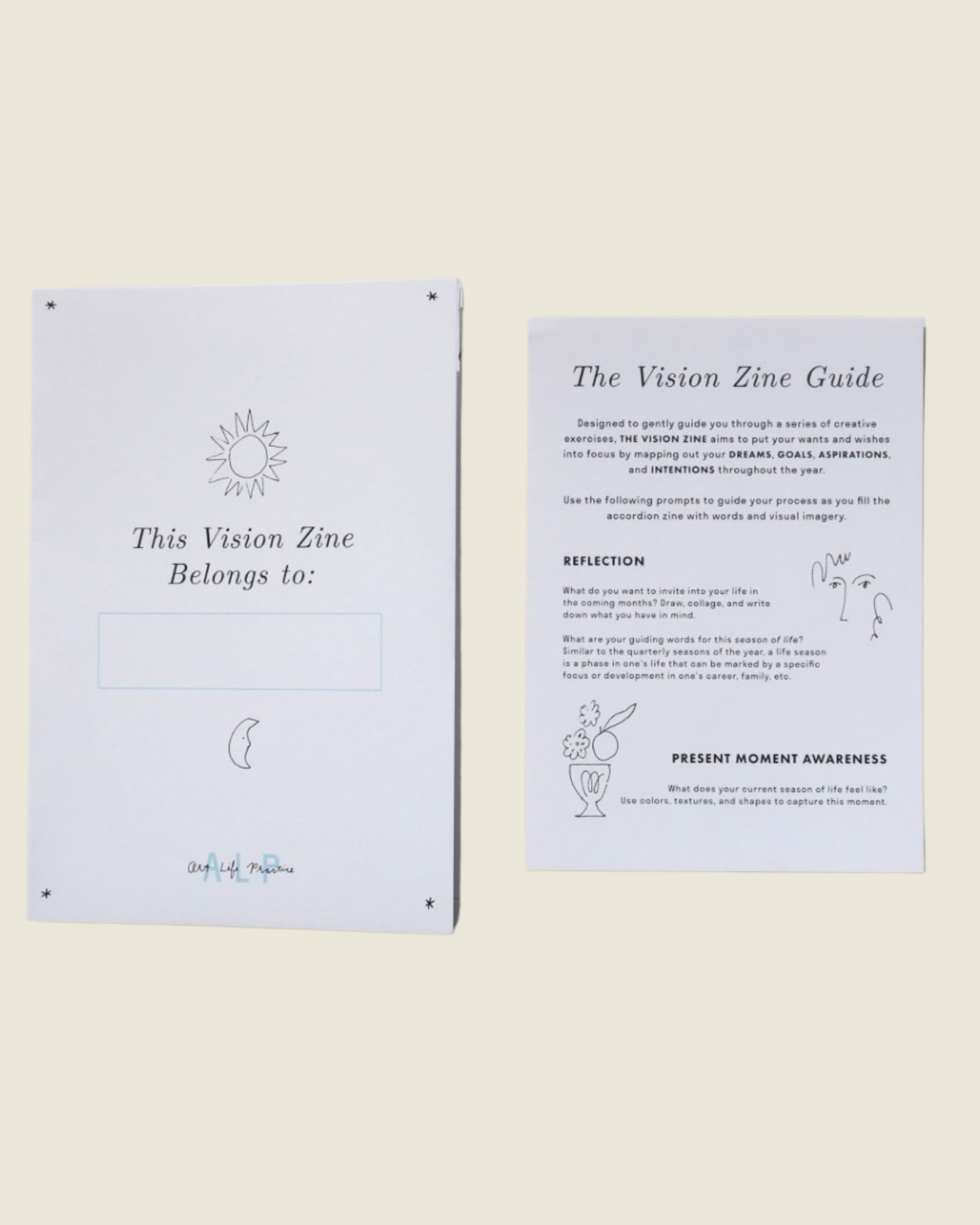 Two vision zine guides on a light beige background