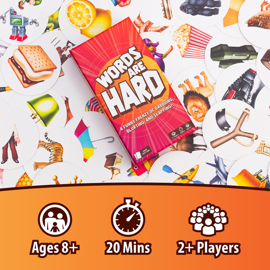 Board game box for 'Words Are Hard' surrounded by colorful illustrations on a white background.