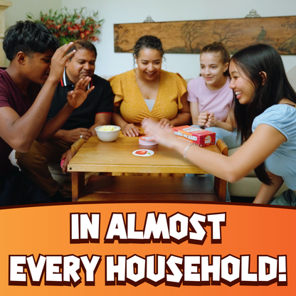 Group of people gathered around a table with text 'IN ALMOST EVERY HOUSEHOLD!'