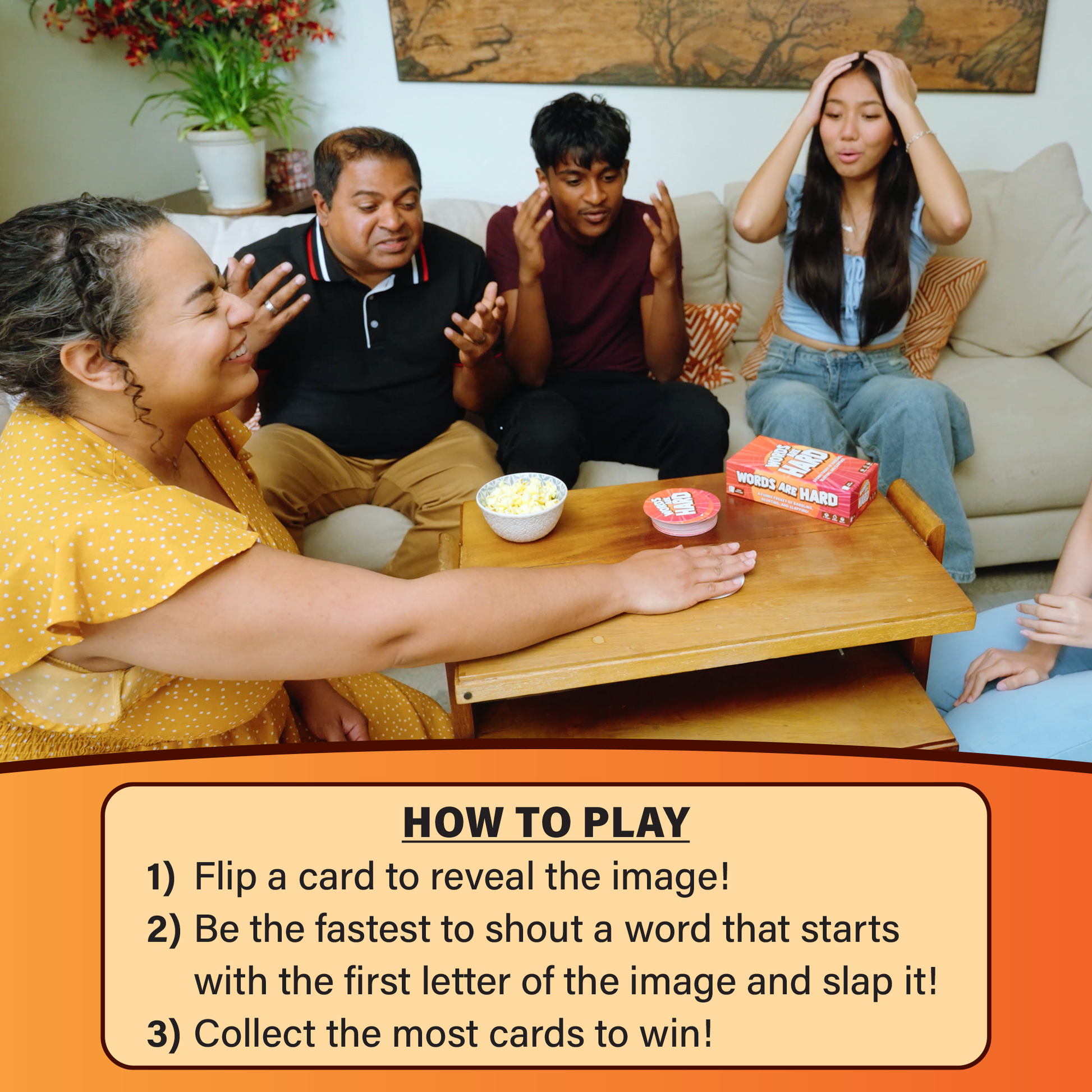 Group of people playing a card game together in a living room.