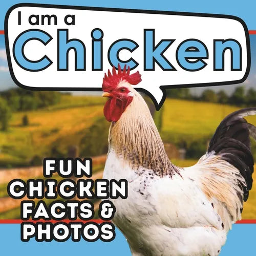 Rooster with text 'I am a Chicken: Fun Chicken Facts & Photos' against a scenic background