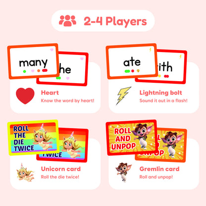Educational game cards with text and graphics on a pink background