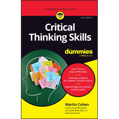 Book cover of 'Critical Thinking Skills for Dummies' with colorful illustrations on a red, black, and yellow background.
