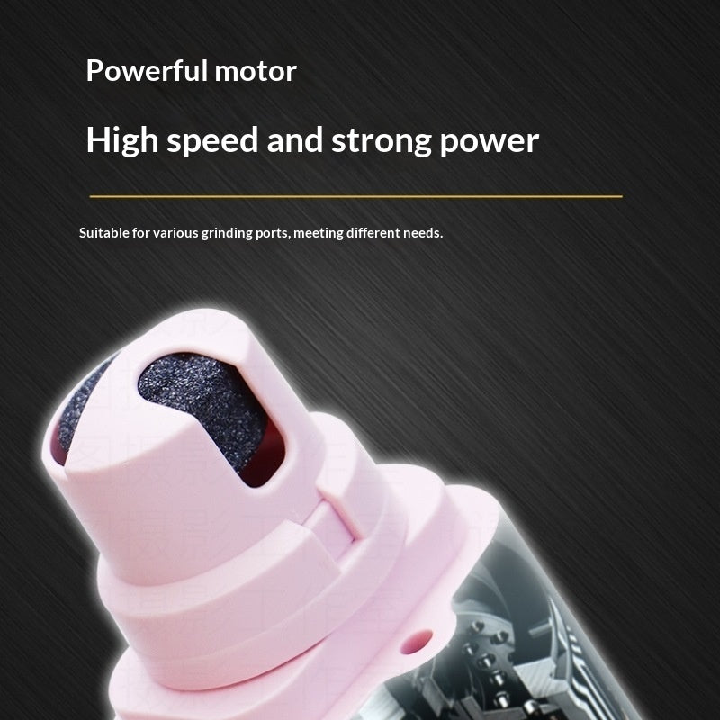 Pink grinding tool with text on a black background