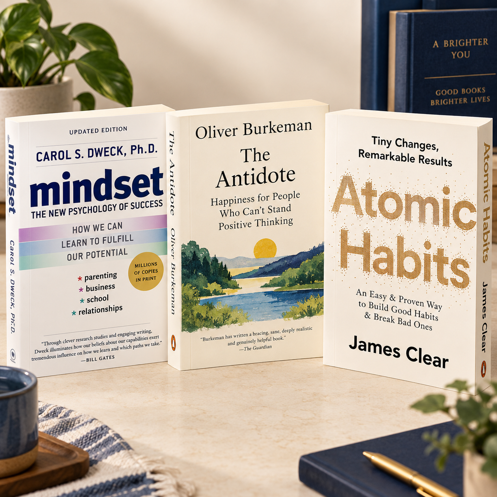 Resilient Mindset Reading Path 3-book bundle featuring Mindset by Carol S. Dweck, The Antidote by Oliver Burkeman, and Atomic Habits by James Clear.