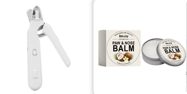 White pet nail clipper and paw and nose balm packaging on a white background