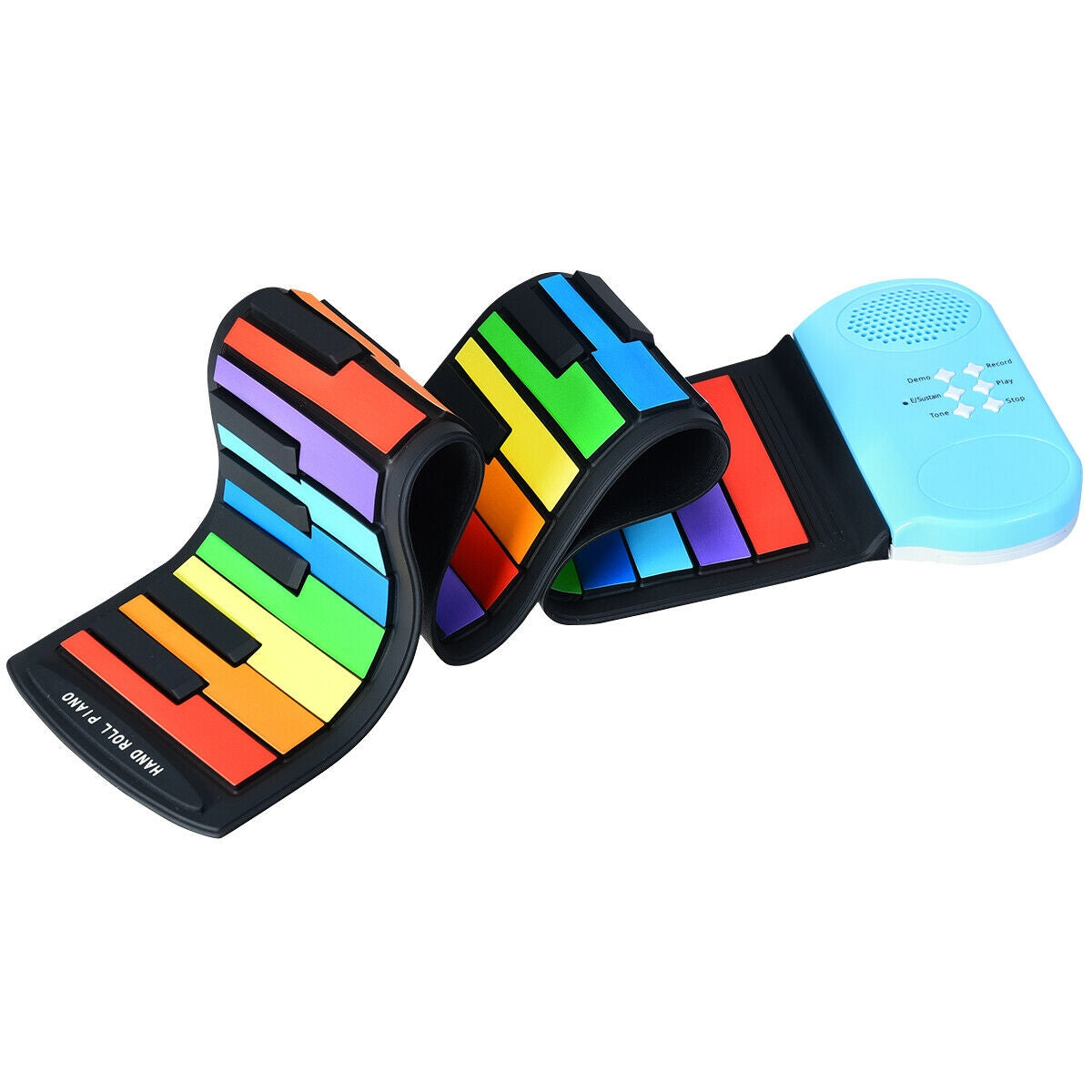 Colorful roll-up keyboard with a blue speaker on a white background