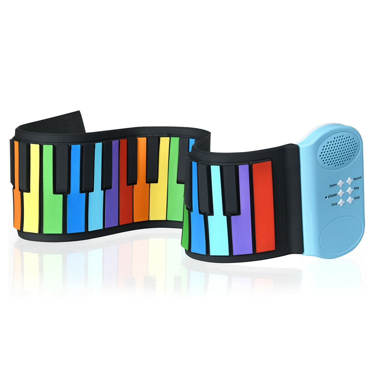 Colorful roll-up keyboard with a blue electronic device on a white background