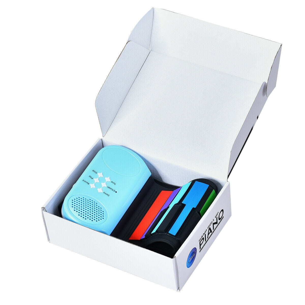 Blue electronic device with colorful components in an open white box