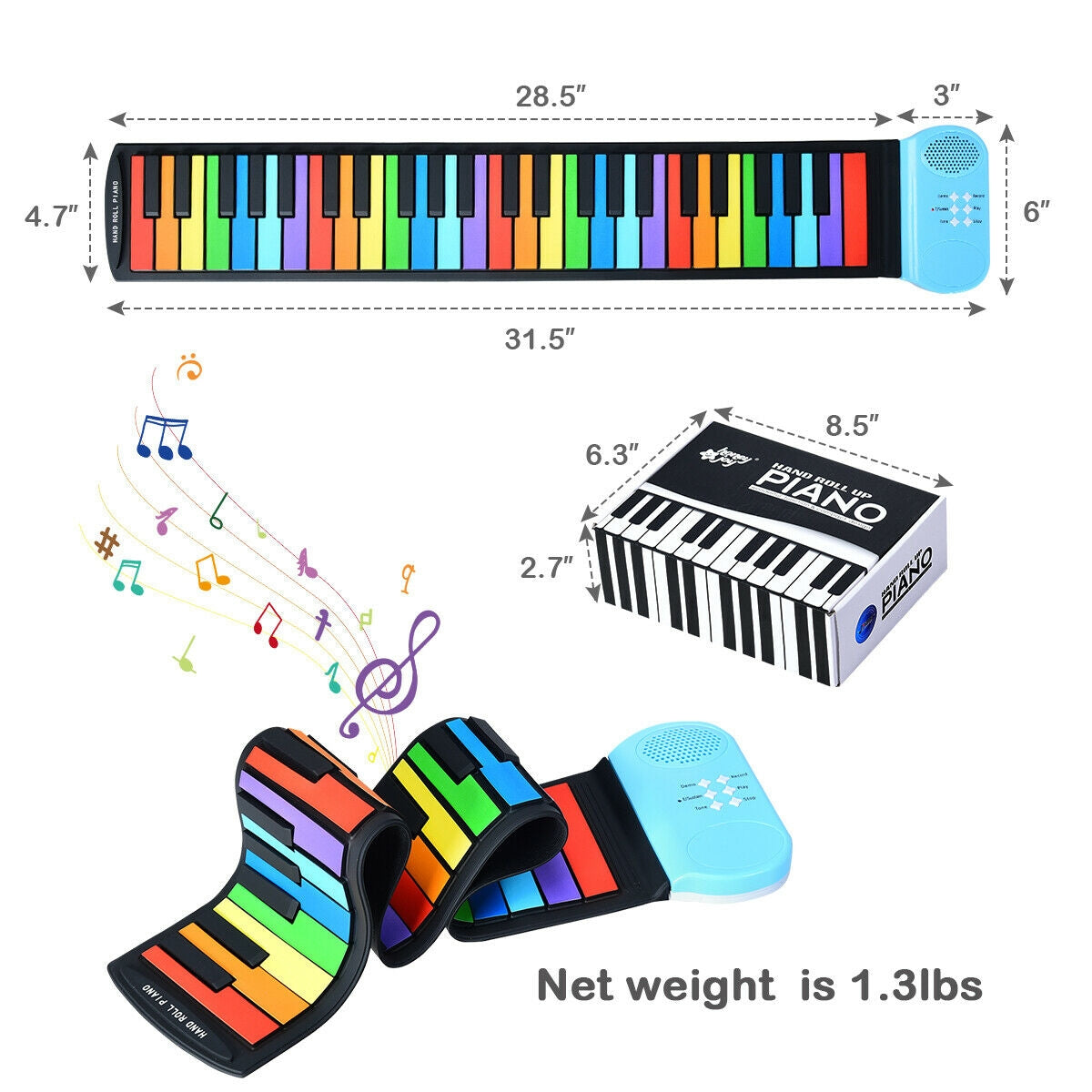 Colorful roll-up keyboard with dimensions and weight information on a white background