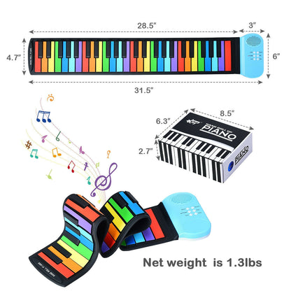 Colorful roll-up keyboard with dimensions and weight information on a white background