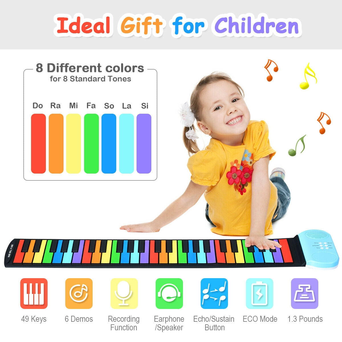 Child playing with a colorful piano mat, surrounded by musical notes and color chart.