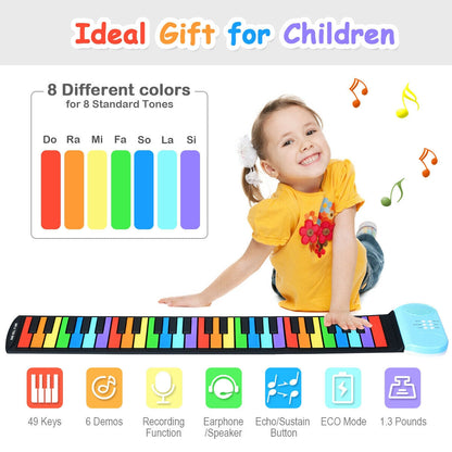 Child playing with a colorful piano mat, surrounded by musical notes and color chart.