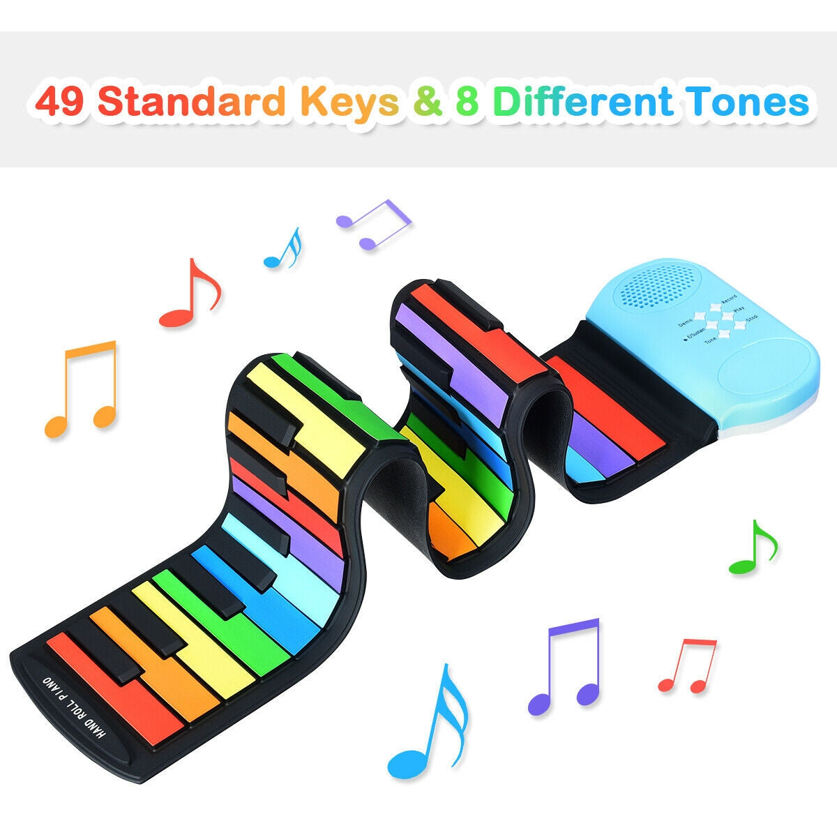 Colorful portable keyboard with 49 keys and 8 tones on a white background