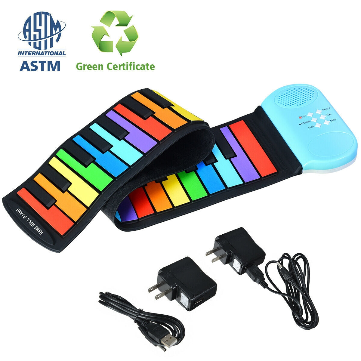 Colorful roll-up keyboard with accessories on a white background, featuring ASTM International Green Certificate logo.