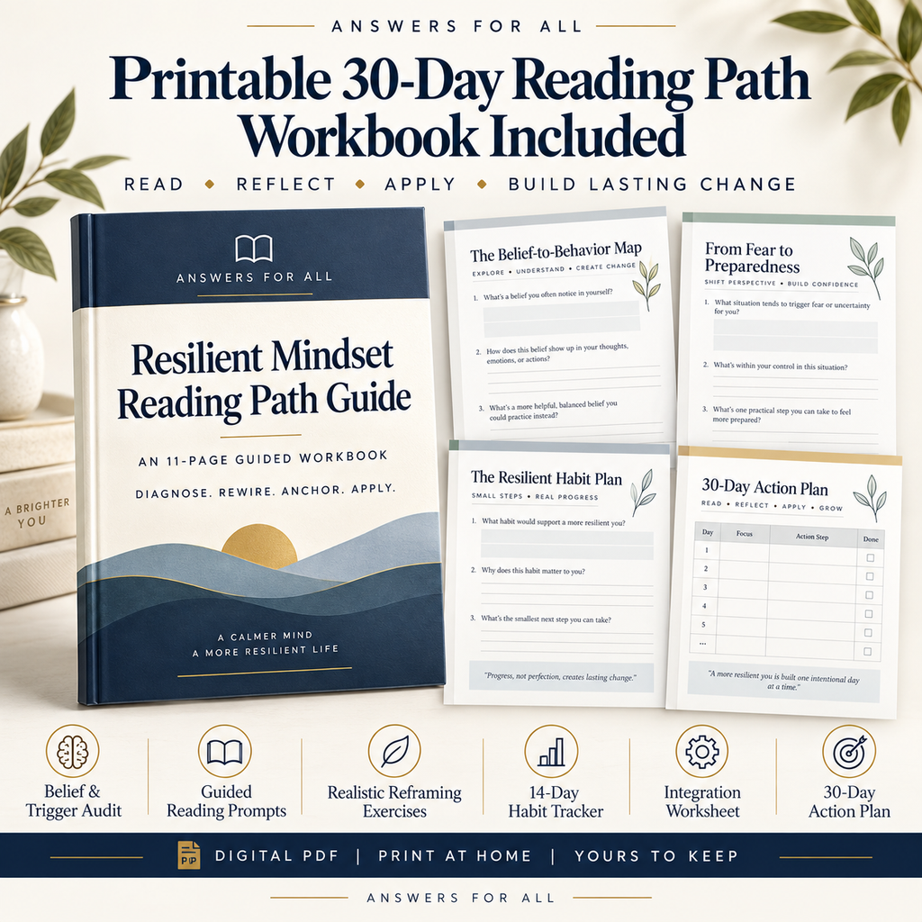 Printable 30-day Resilient Mindset Reading Path workbook with belief mapping, reframing exercises, a habit tracker, integration worksheets, and a 30-day action plan.