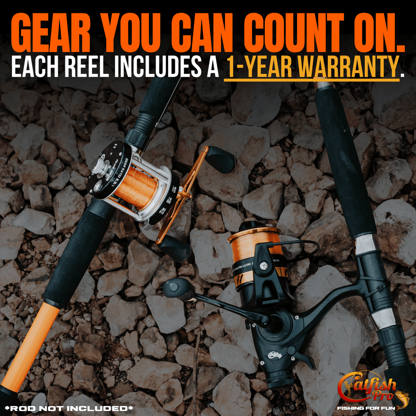 Fishing reels on a rocky surface with promotional text about warranty and product availability.