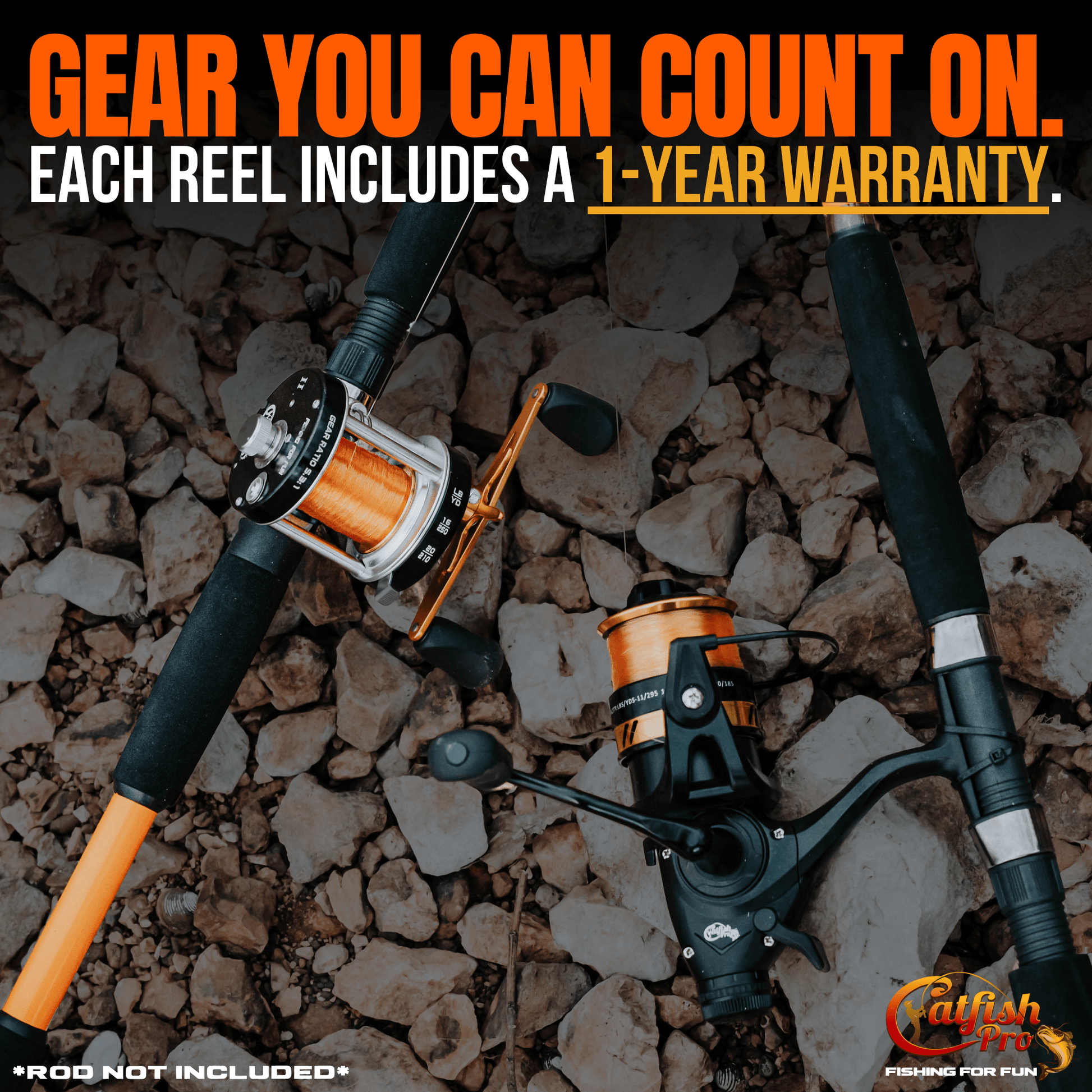 Fishing reels on a rocky surface with promotional text about warranty and product availability.