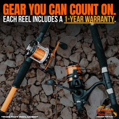 Fishing reels on a rocky surface with promotional text about warranty and product availability.