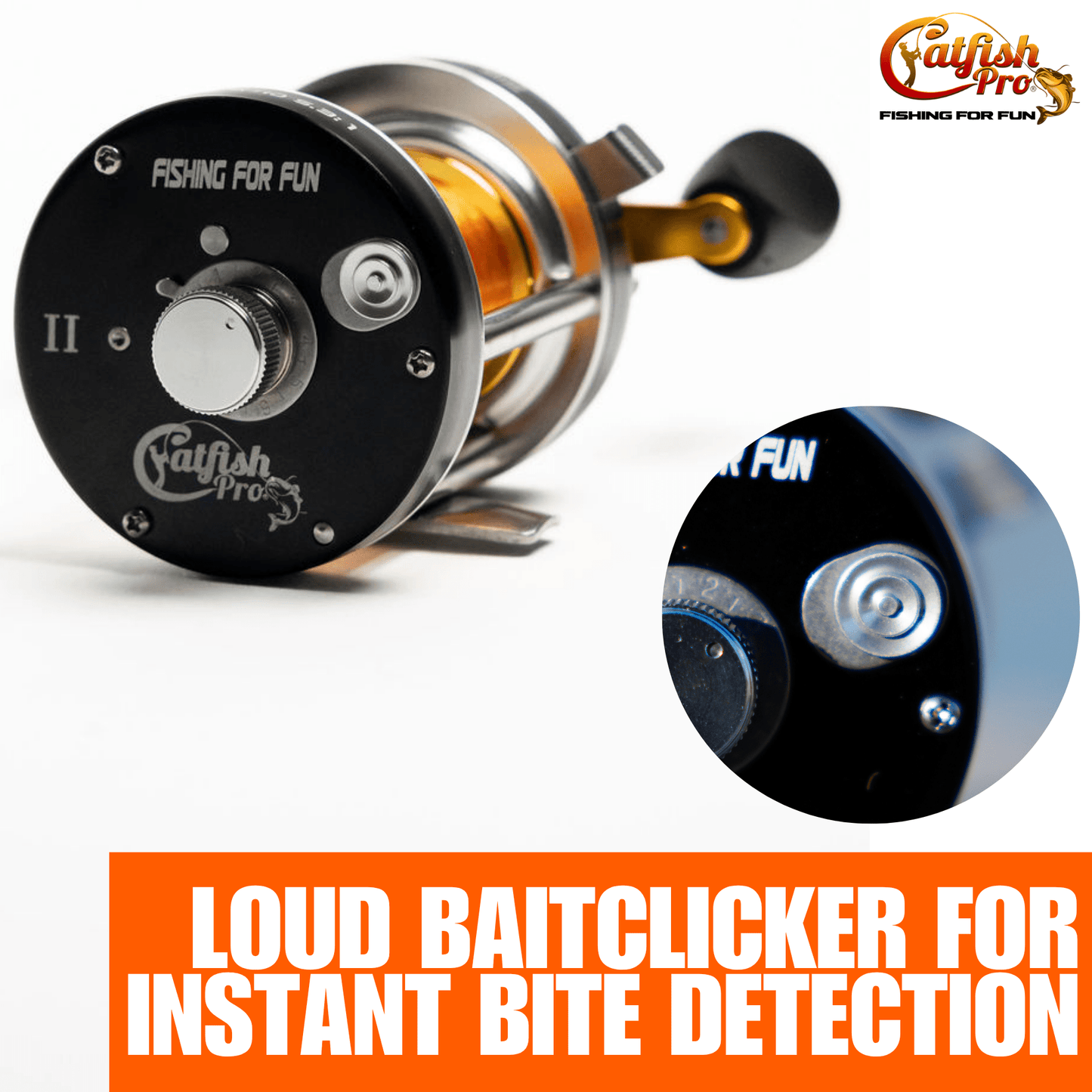 Fishing reel with 'Catfish Pro' branding and promotional text on a white background