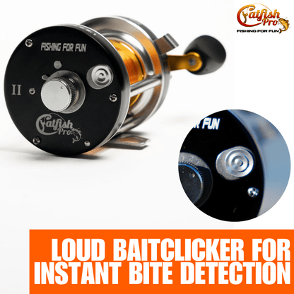 Fishing reel with 'Catfish Pro' branding and promotional text on a white background