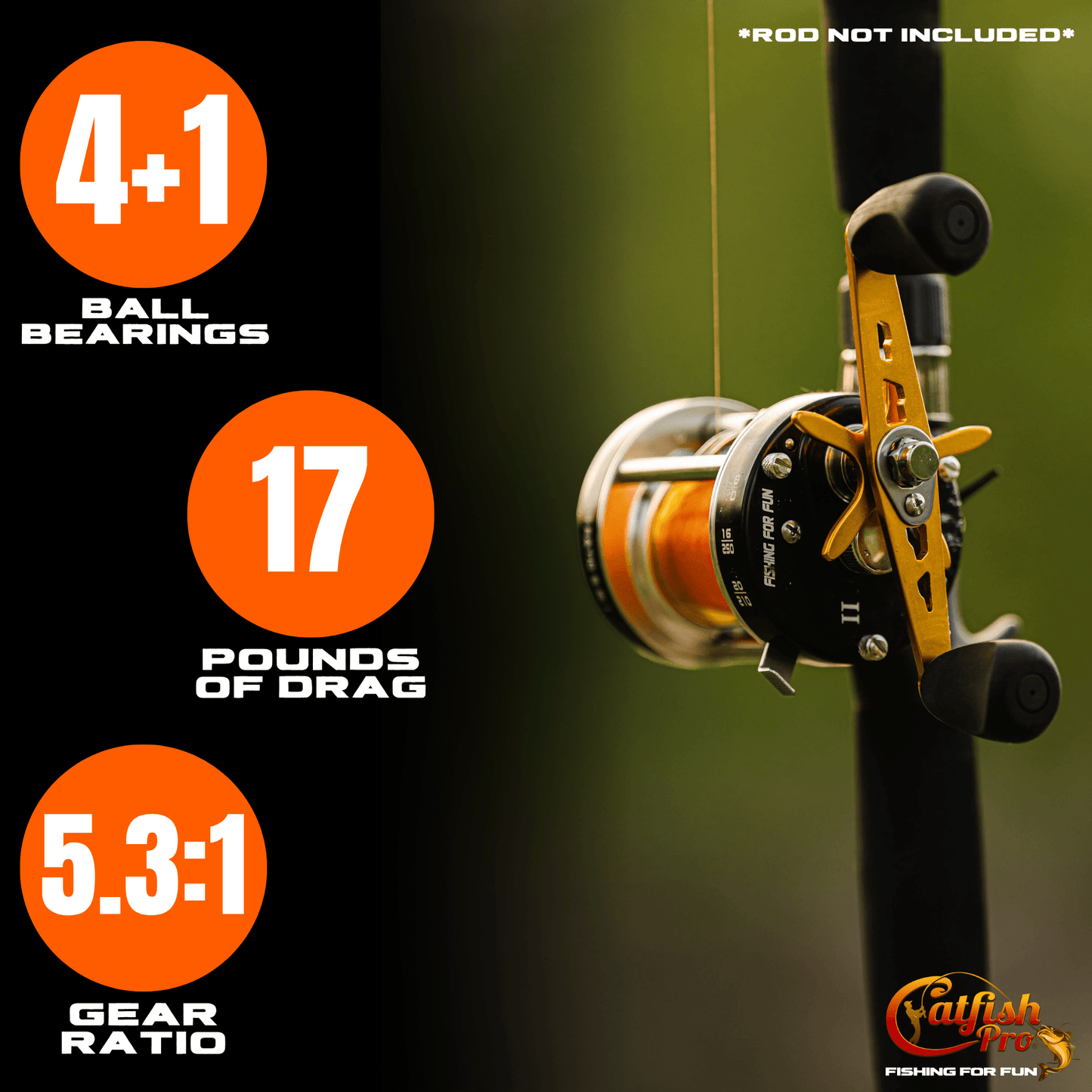 Fishing reel with specifications on a dark background